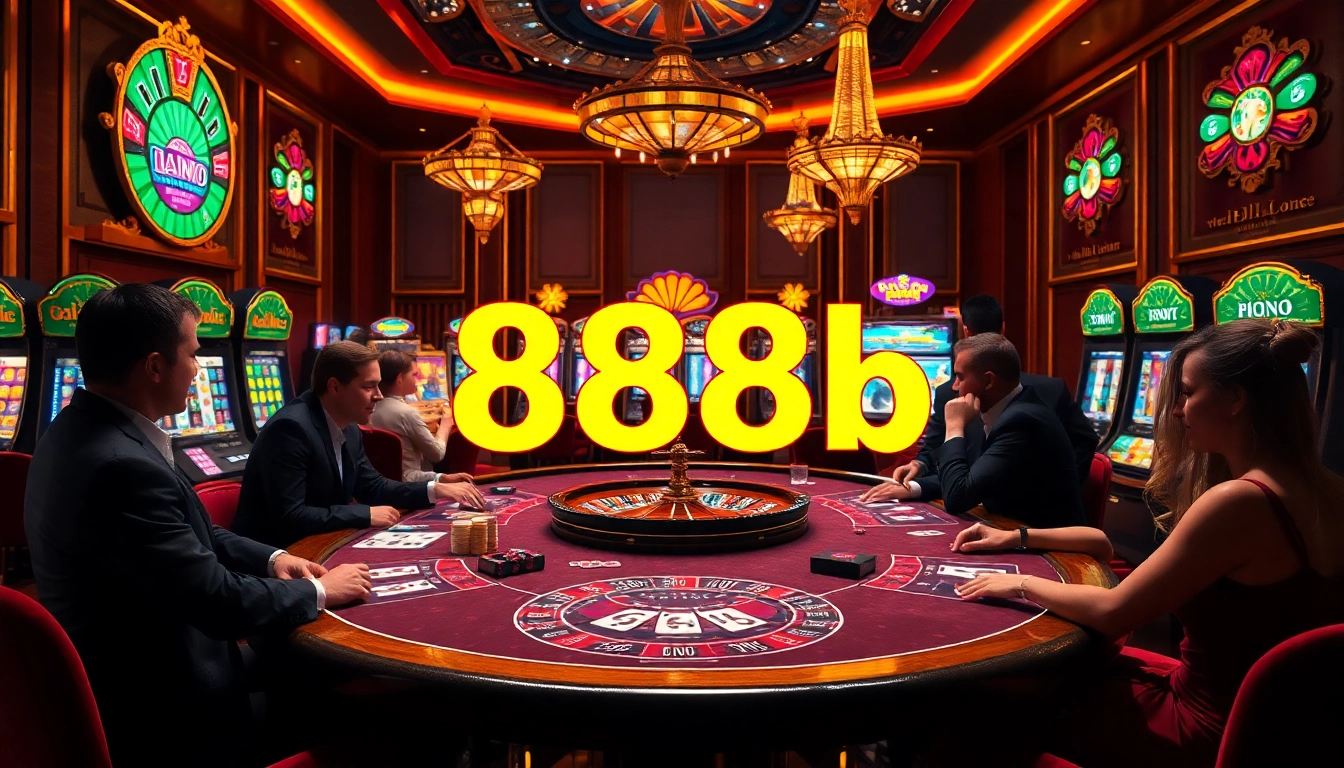 Experience the thrill of gambling with 888b in a luxurious casino setting, complete with poker chips and table games.