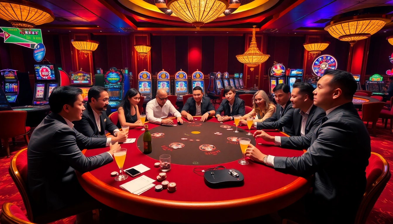 Excited players at a stylish poker table at 98win com casino, showcasing vibrant gambling action.