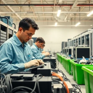 Engaged technicians handling computer disposal newbury at a recycling facility with organized e-waste.