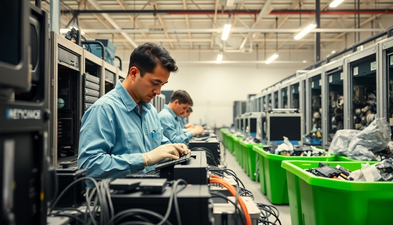 Engaged technicians handling computer disposal newbury at a recycling facility with organized e-waste.