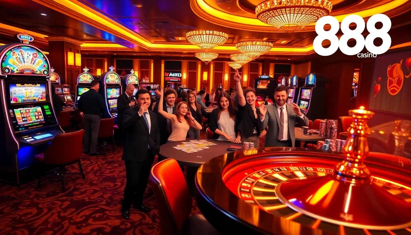 Casino players enjoying their time at 888new casino with vibrant slot machines and roulette tables.