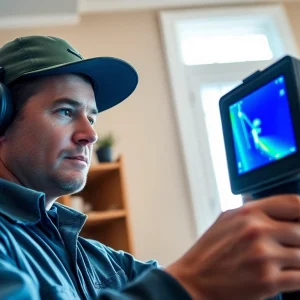Leak detection technician using thermal imaging to find hidden leaks in a home.