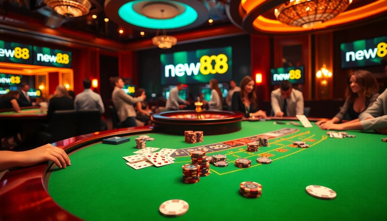 Players enjoying a lively game table at new88 casino, showcasing vibrant poker chips and excitement.