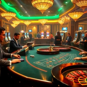 Engaged players enjoying a high-stakes game at https://f168.studio/ while vibrant lights illuminate the casino ambiance.