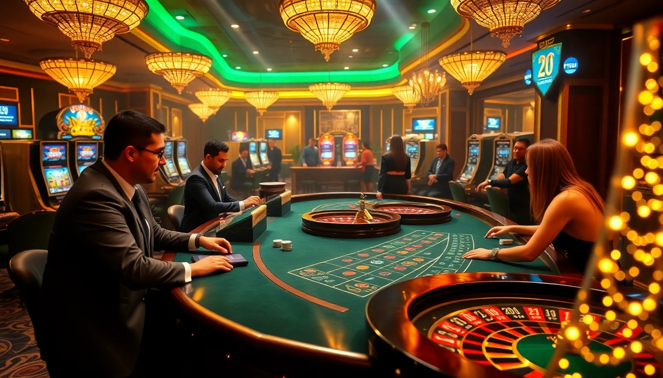 Engaged players enjoying a high-stakes game at https://f168.studio/ while vibrant lights illuminate the casino ambiance.