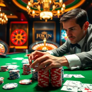 Engaging poker scene at https://99win1.us.com/ featuring intense gameplay with casino chips and cards.