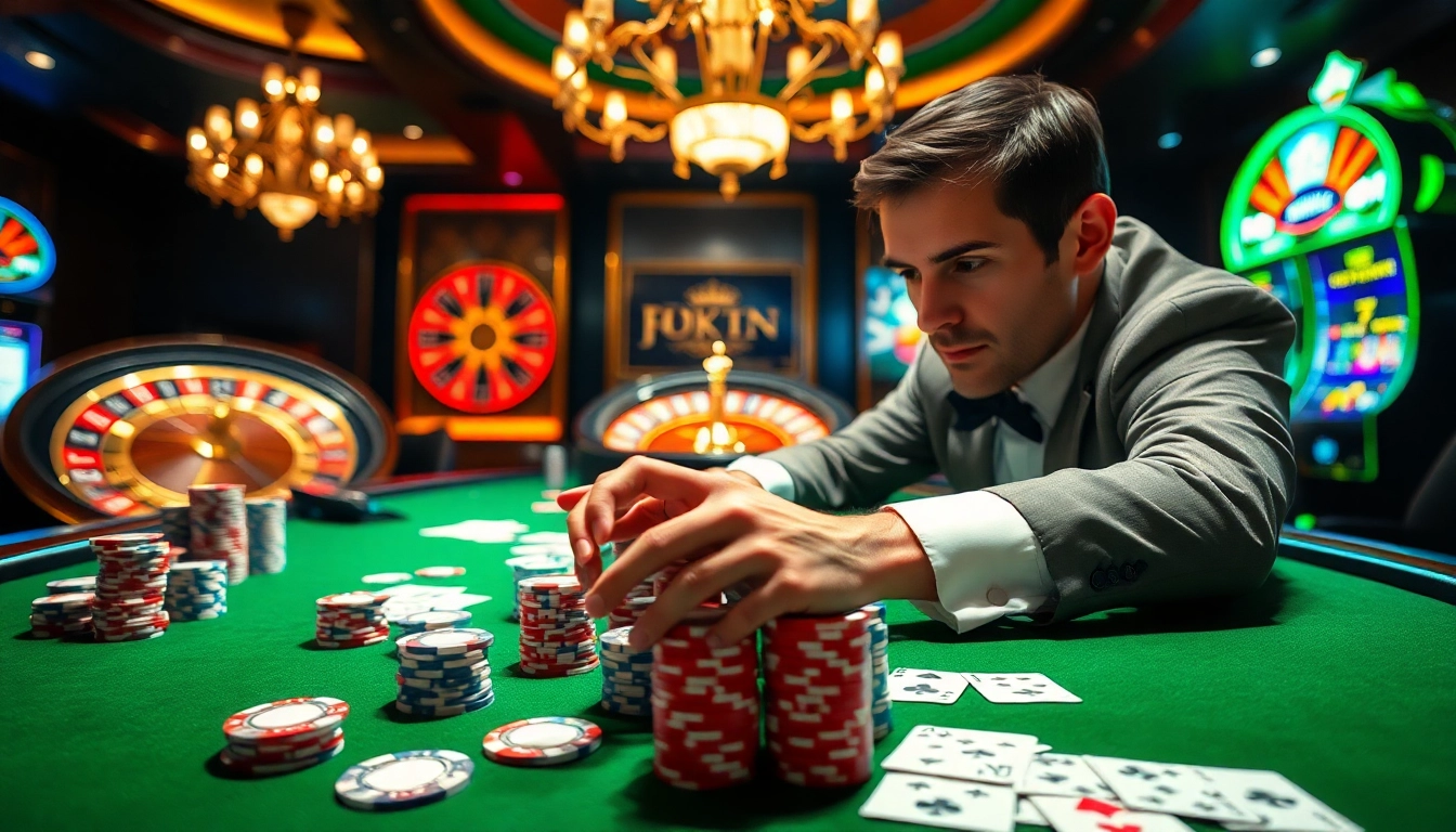 Engaging poker scene at https://99win1.us.com/ featuring intense gameplay with casino chips and cards.