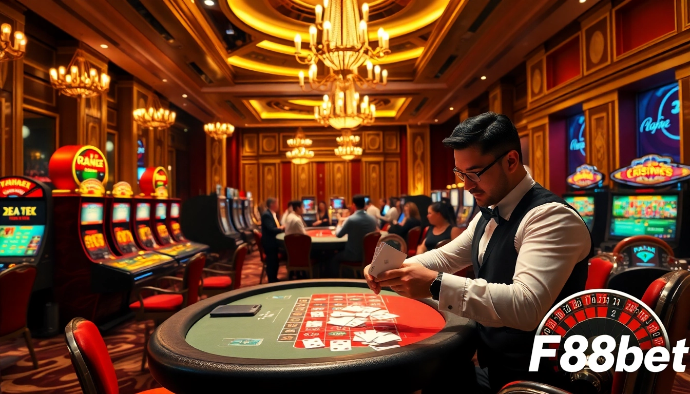 Experience the thrill of Đăng ký F8bet with vibrant casino visuals featuring card games and slot machines.