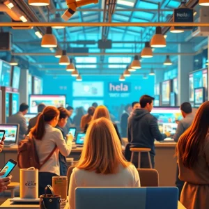 Engaging scene showcasing users interacting with Hela Ads in a vibrant digital marketplace.