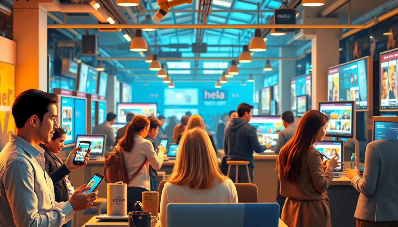 Engaging scene showcasing users interacting with Hela Ads in a vibrant digital marketplace.