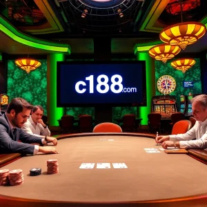 Experience the thrill at the C168 com poker table, showcasing expert players and vibrant casino elements.