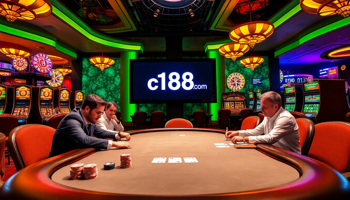 Experience the thrill at the C168 com poker table, showcasing expert players and vibrant casino elements.