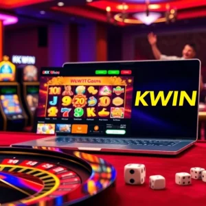 Experience the excitement of KK WIN with vibrant casino visuals featuring gaming tables and poker chips.