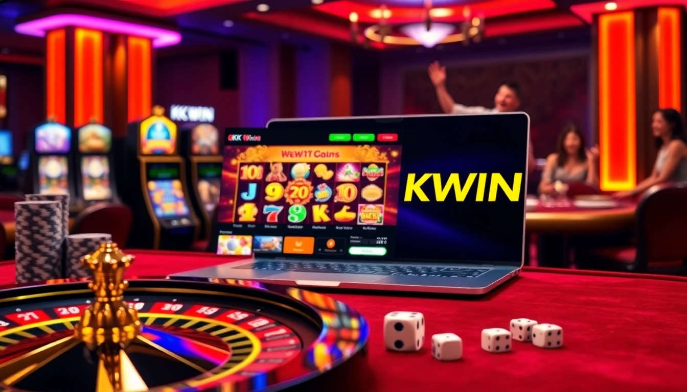 Experience the excitement of KK WIN with vibrant casino visuals featuring gaming tables and poker chips.