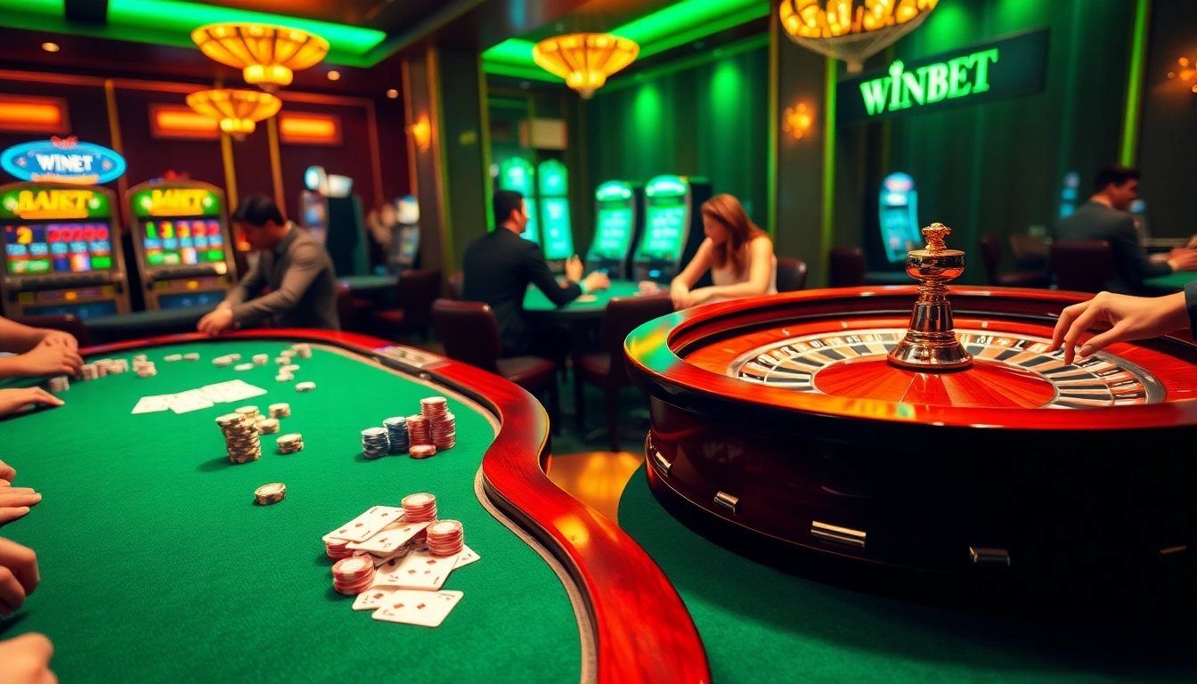 WINBET poker players engaged in a thrilling game with colorful chips and cards.