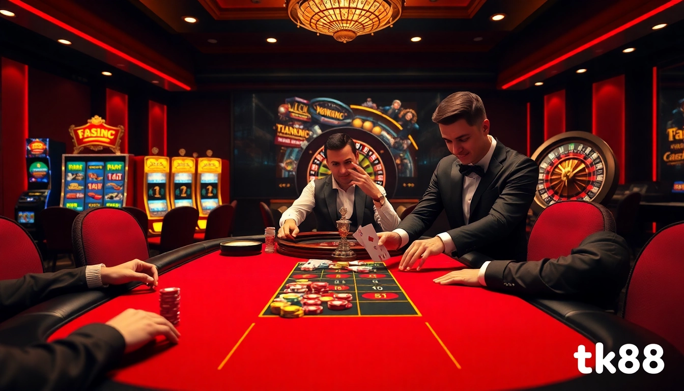 Experience the thrill of playing at tk88 with vibrant casino tables and professional dealers.