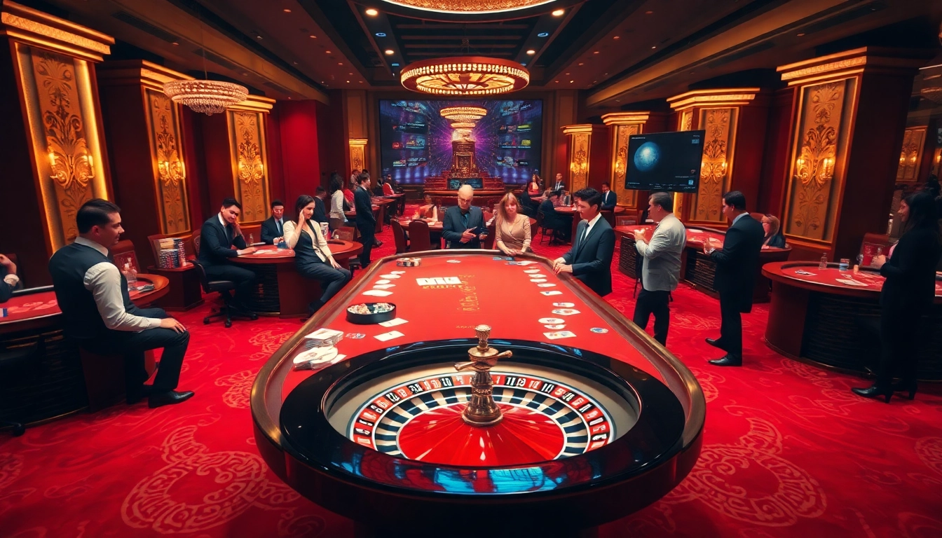 Exciting gaming atmosphere at nhà cái usbet featuring casino tables and eager players.