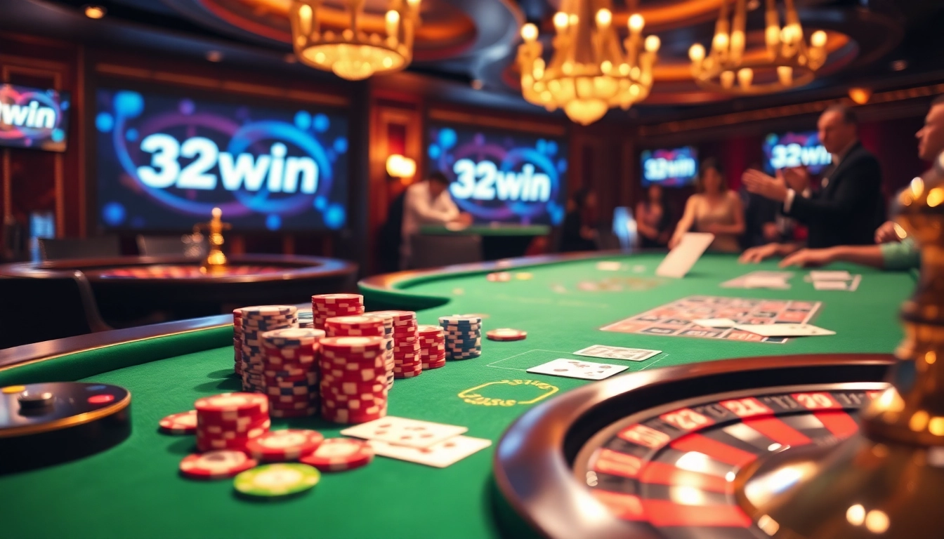 Experience the thrill of winning at 32win's vibrant casino with poker chips and cards.