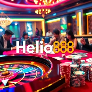 Hello88 showcases an exciting casino scene with vibrant roulette, poker chips, and enthusiastic players.