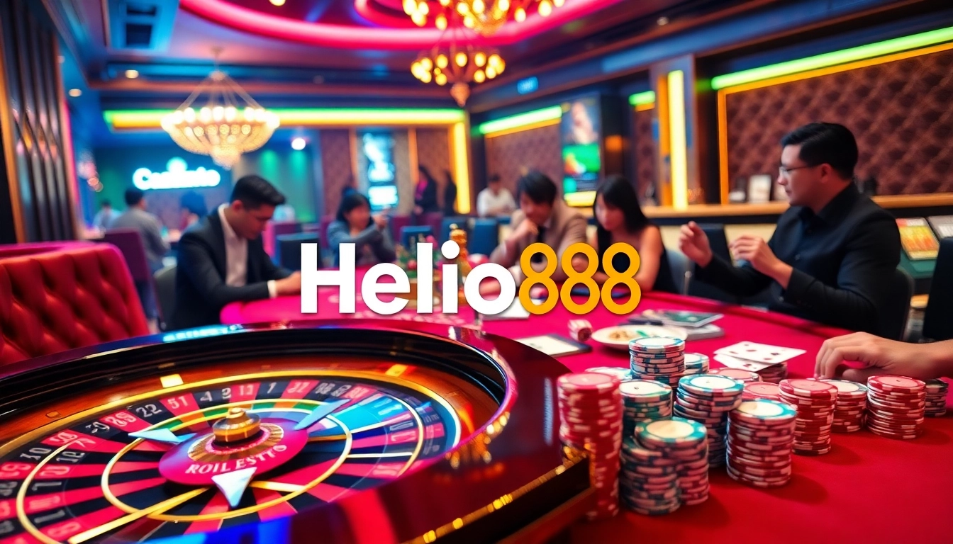 Hello88 showcases an exciting casino scene with vibrant roulette, poker chips, and enthusiastic players.