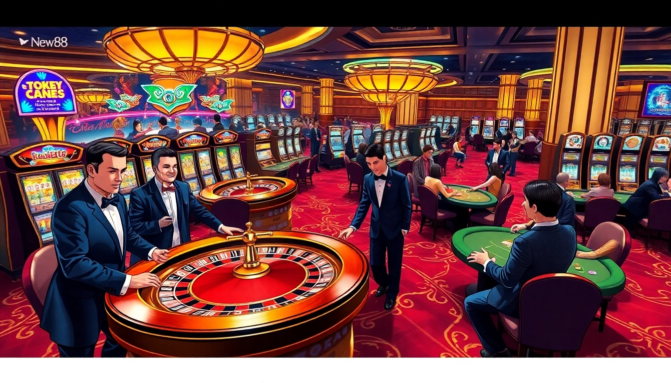 Players enjoying the thrilling atmosphere of NEW88 casino games with roulette and poker tables.