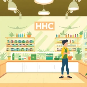 Explore a vibrant shop interior filled with diverse moonbarguy hhc products, showcasing vapes and flowers.
