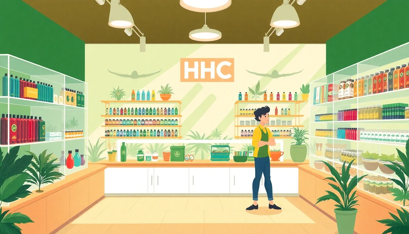 Explore a vibrant shop interior filled with diverse moonbarguy hhc products, showcasing vapes and flowers.