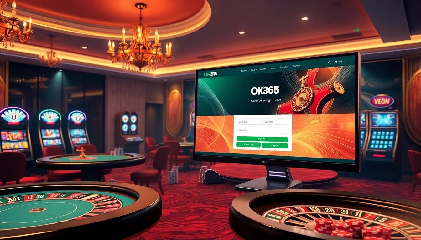 Engage in exciting gameplay with OK365 đăng nhập at a luxurious online casino, featuring vibrant slot machines and poker tables.
