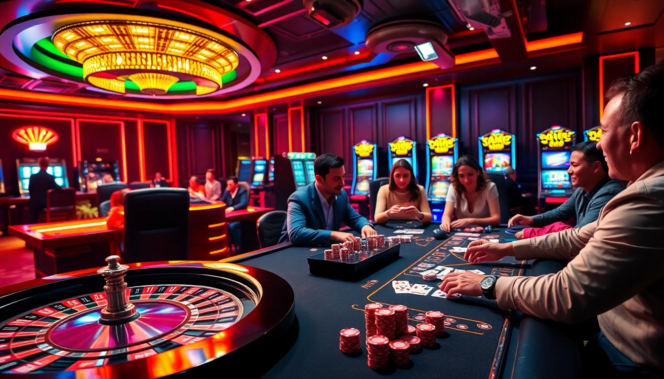 Exciting casino atmosphere at https://kkwinb.com/ featuring poker chips, roulette wheel, and vibrant slot machines.