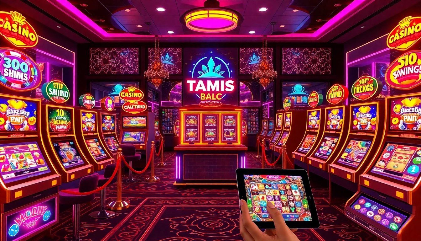 Experience the thrill of nổ hũ online as players engage with vibrant slot machines in a luxurious casino setting.