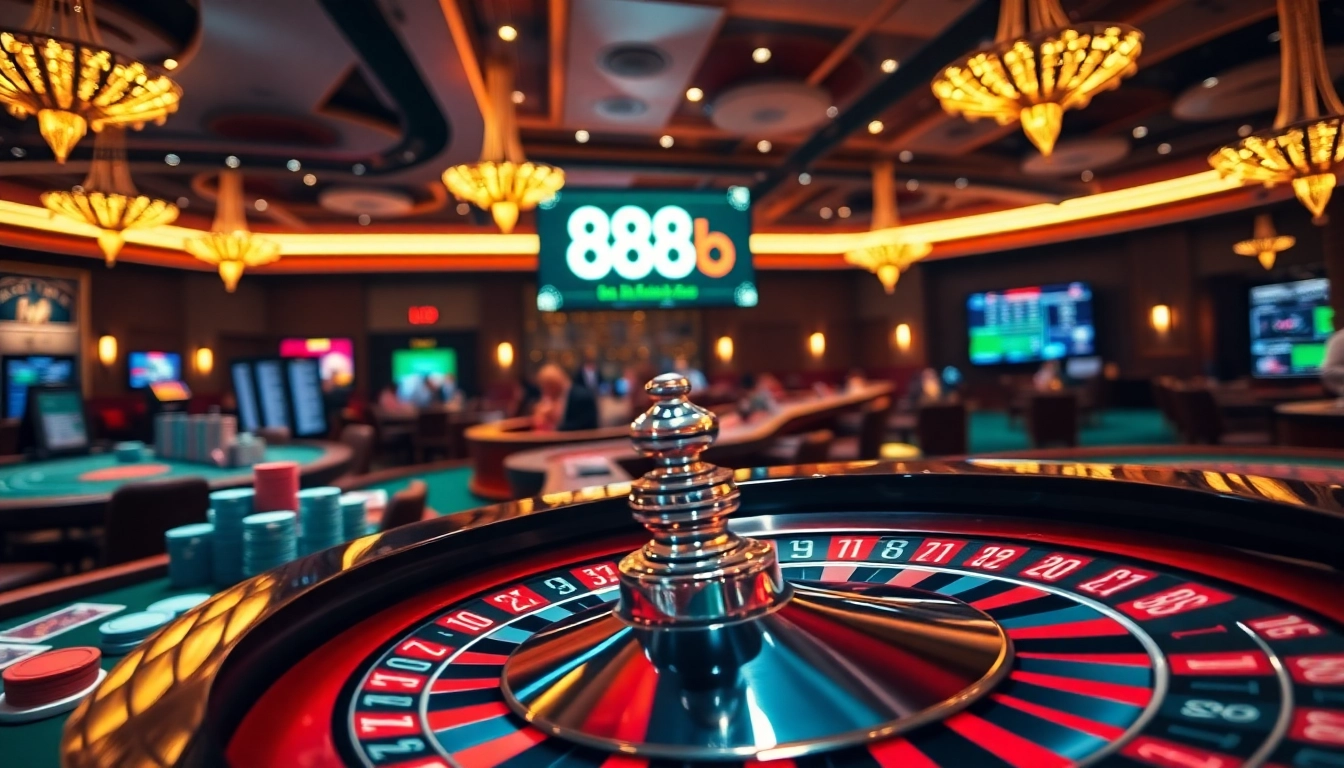 Engaging scene of gambling at 888b casino with vibrant poker chips and a roulette wheel.