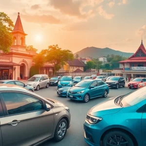 Kuching car hire scene with rental cars near tourist attractions in Malaysia.