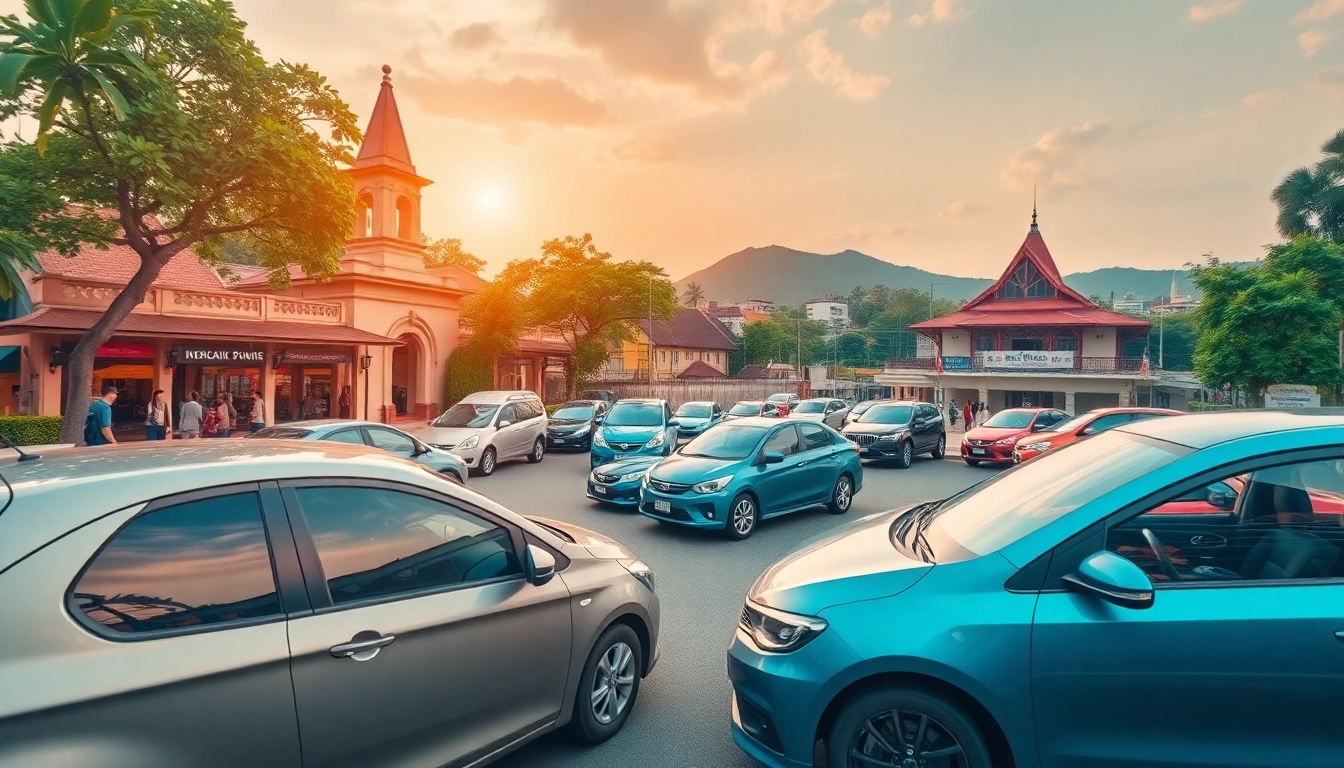 Kuching car hire scene with rental cars near tourist attractions in Malaysia.