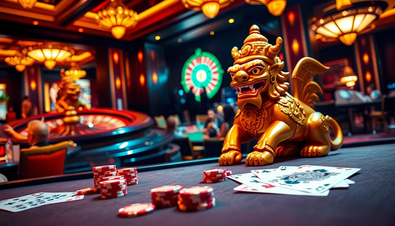 Raja Barong symbolizing luck amidst an exciting casino scene with cards and roulette.