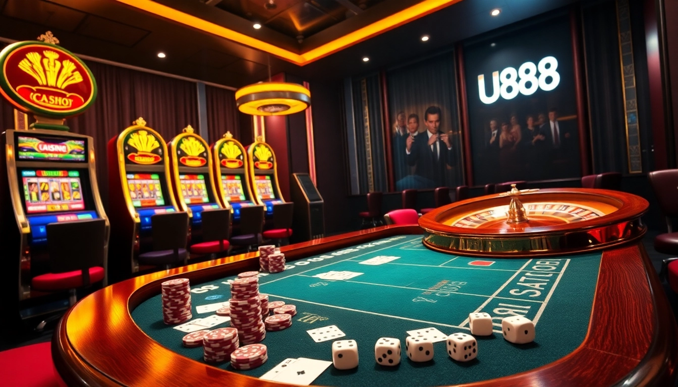 Experience high-stakes gaming with U888’s luxurious casino table, poker chips, and vibrant slot machines.