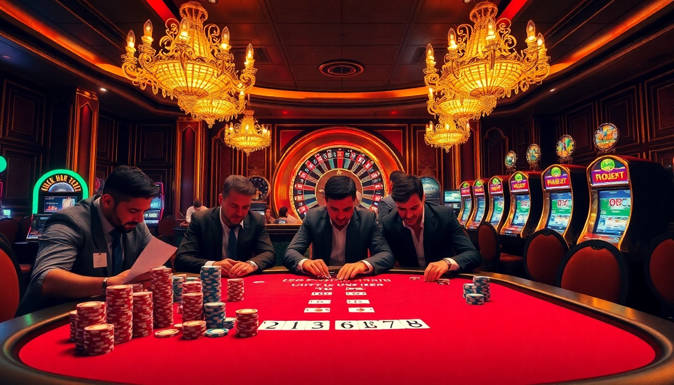 Players engaging in an intense poker game with vibrant 7m chips at a luxurious casino table.