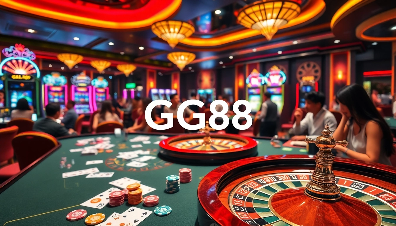 GG88 players enjoying an exciting casino experience with vibrant slot machines and poker chips.