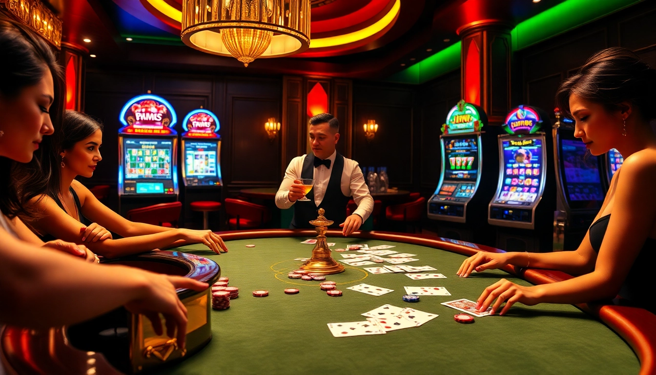 Jun88 players engaged in high-stakes poker at an elegant casino table, capturing excitement and professionalism.