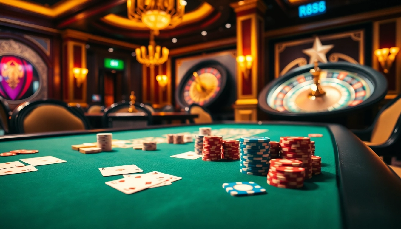 Experience the thrill of playing RR888 at a luxurious casino with poker tables and roulette wheels.