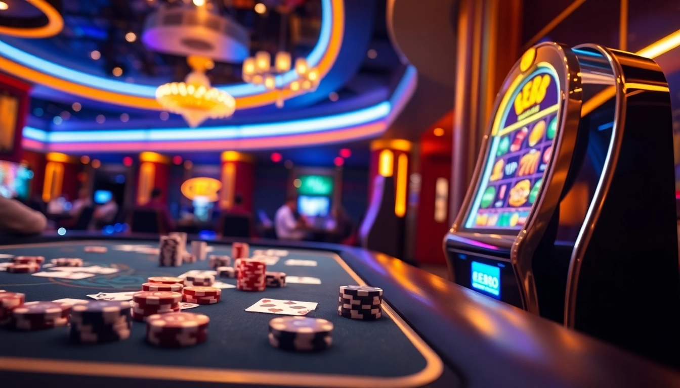 EE88 vibrant casino scene with poker chips and slot machines inviting players.