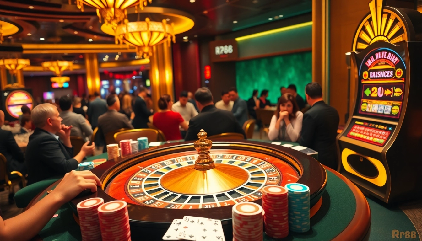 Experience the thrill of rr88 at a vibrant casino with roulette wheels and colorful chips.