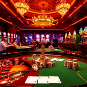Experience thrilling gaming at UU 88's luxurious casino tables with vibrant slot machines.