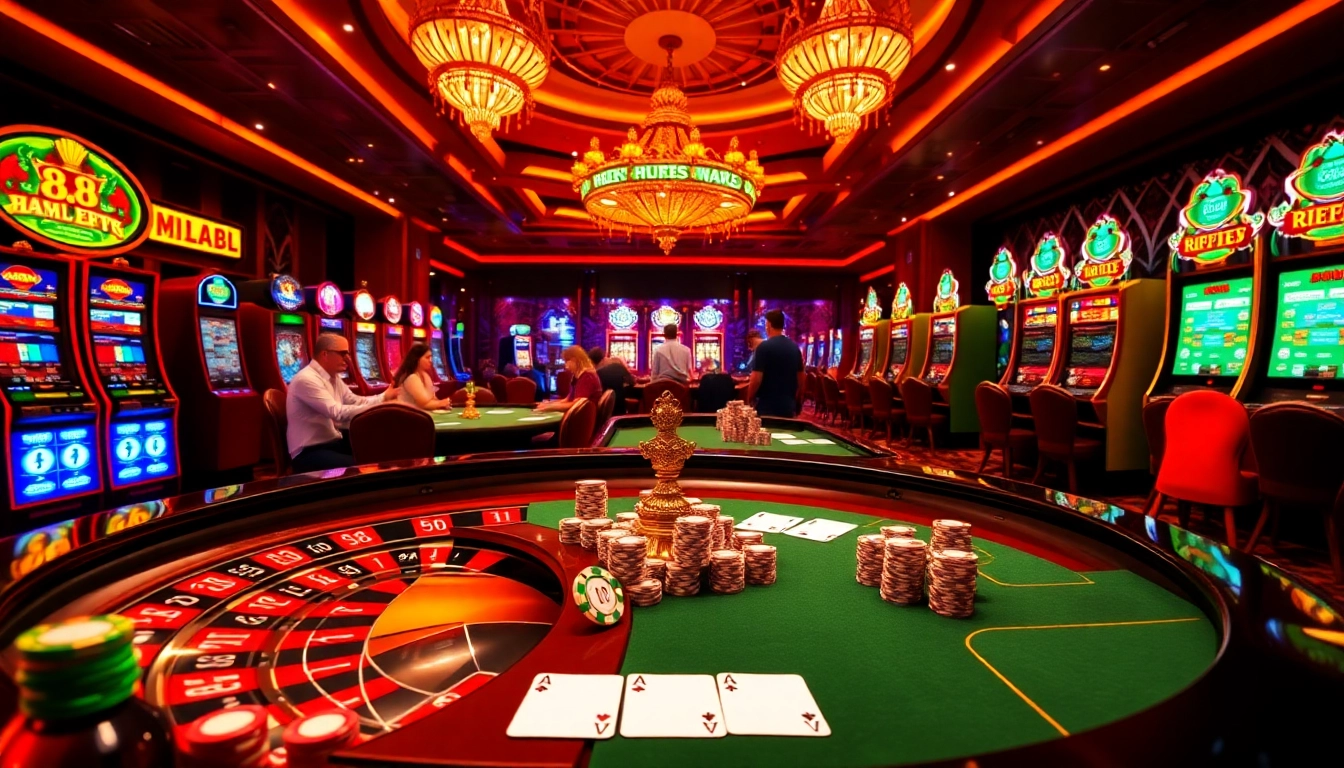 Experience thrilling gaming at UU 88's luxurious casino tables with vibrant slot machines.