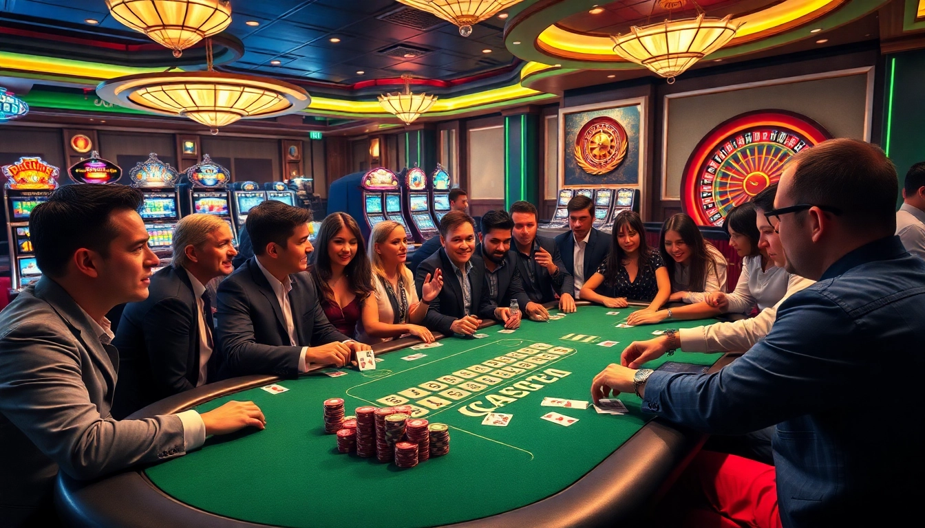 Engaging scene of high-stakes gambling at https://rikvip1.top/ with poker and slot machines.