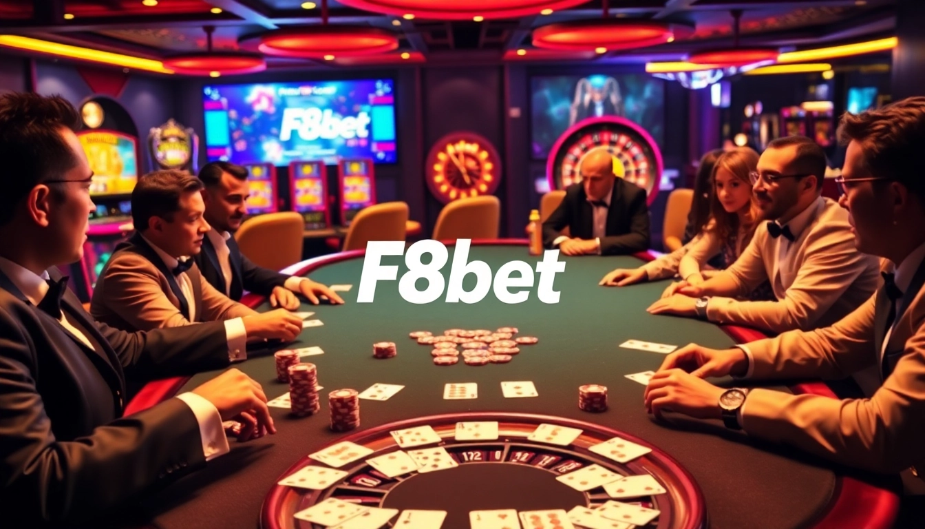 Engaging poker action at F8bet com with high-stakes players and vibrant casino elements.