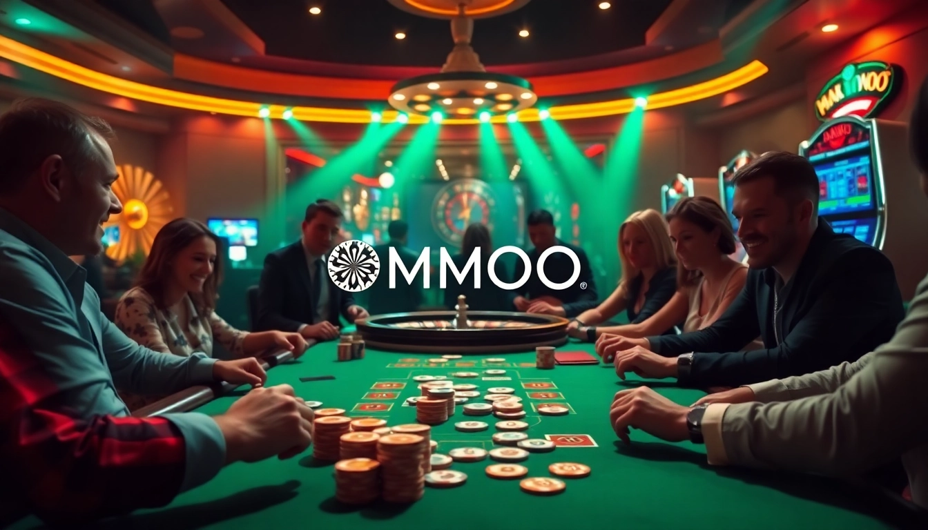 Experience thrilling gameplay at MMOO's high-stakes casino, featuring poker tables and vibrant slots.