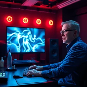 Futuristic digital studio showcasing AI-generated porn ai art with a tech expert.