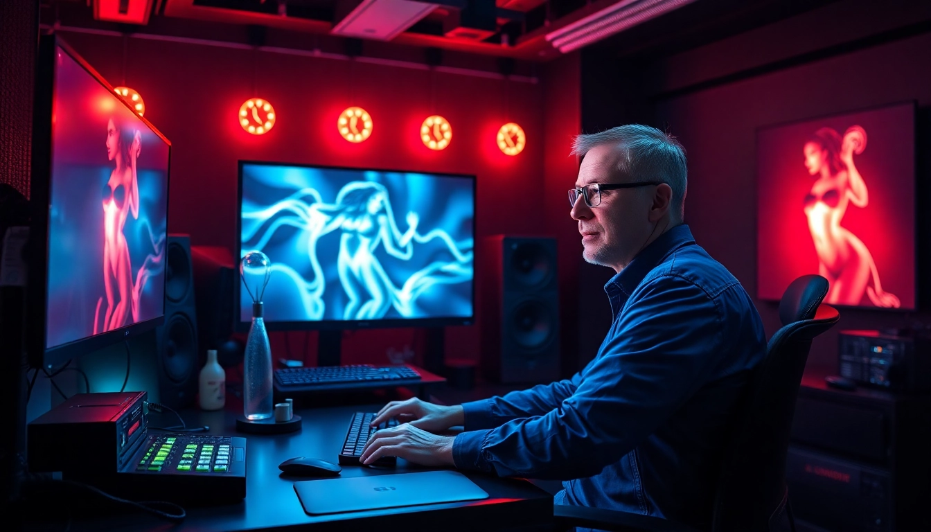 Futuristic digital studio showcasing AI-generated porn ai art with a tech expert.