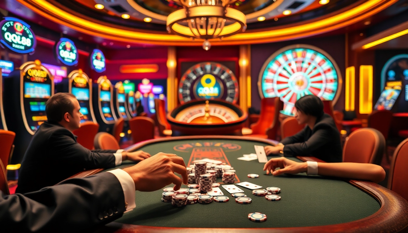 Experience the thrill of QQ88 at a luxurious casino poker table with vibrant chips and cards.