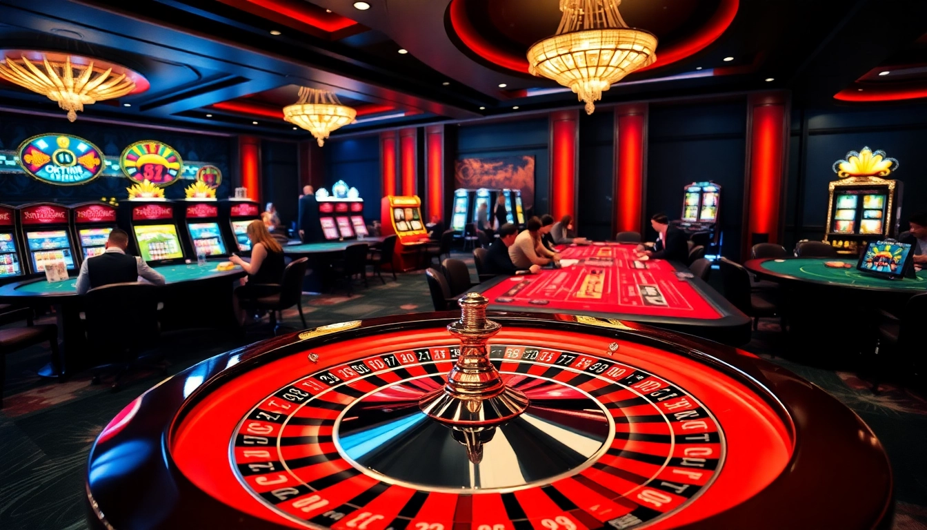 Players engaging in thrilling games at OKFUN đăng Ký casino, highlighting a vibrant roulette wheel and professional atmosphere.